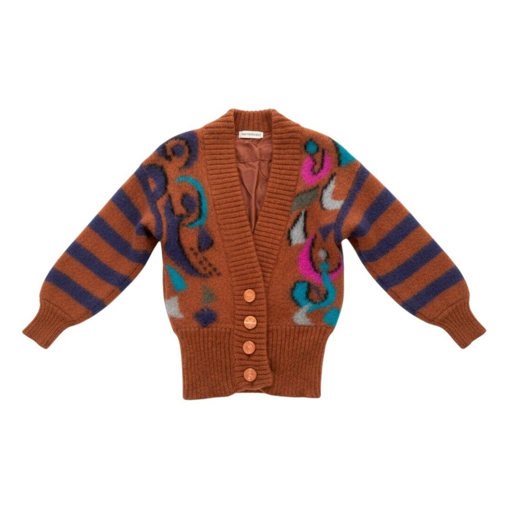 Lei Condotti Vintage 80's Abstract Intarsia Lined Cardigan Fuzzy Brown Small